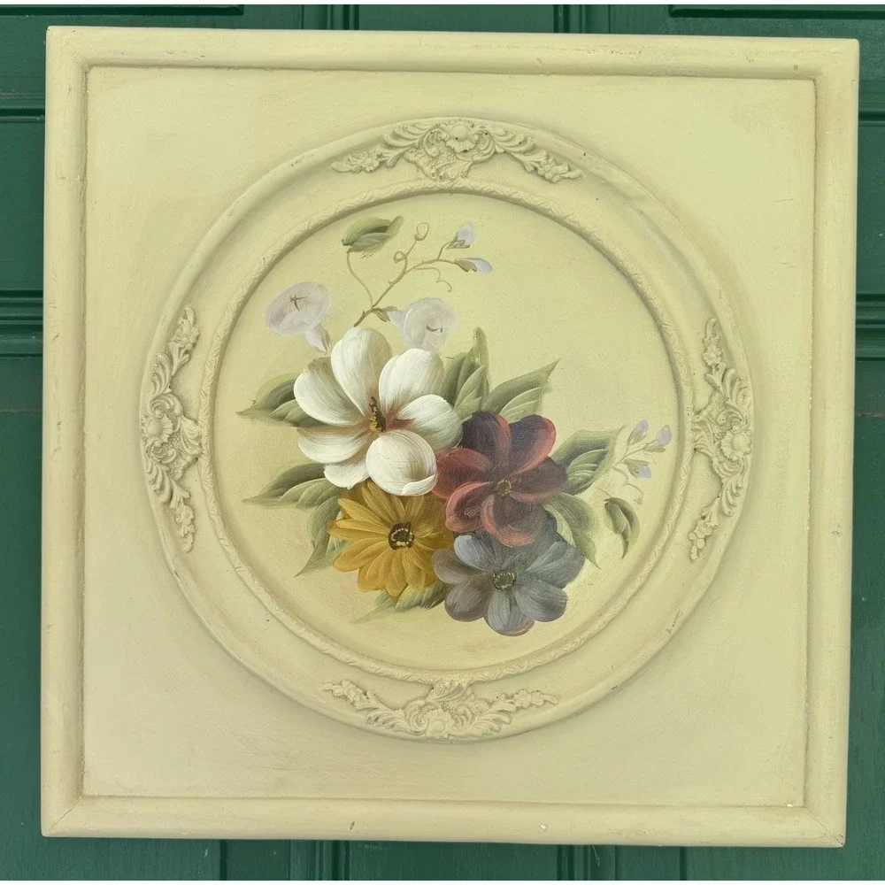 Vintage Hand-painted Floral Wall Art Plaque - Cottagecore Ornate Frame